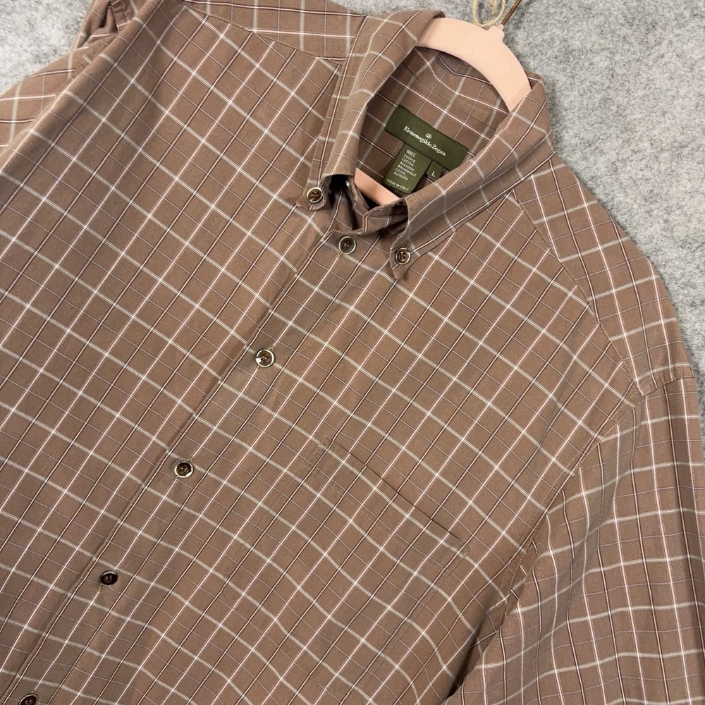 Ermenegildo Zegna Button Down Shirt Mens Sz L Brown Plaid Lightweight -SEE NOTE